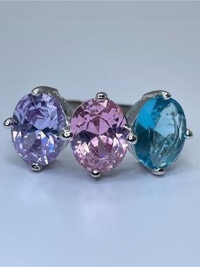 Swarovski Crystal Elements 3 Stone Silver Ring Pink Blue Purple Sz 7 Statement